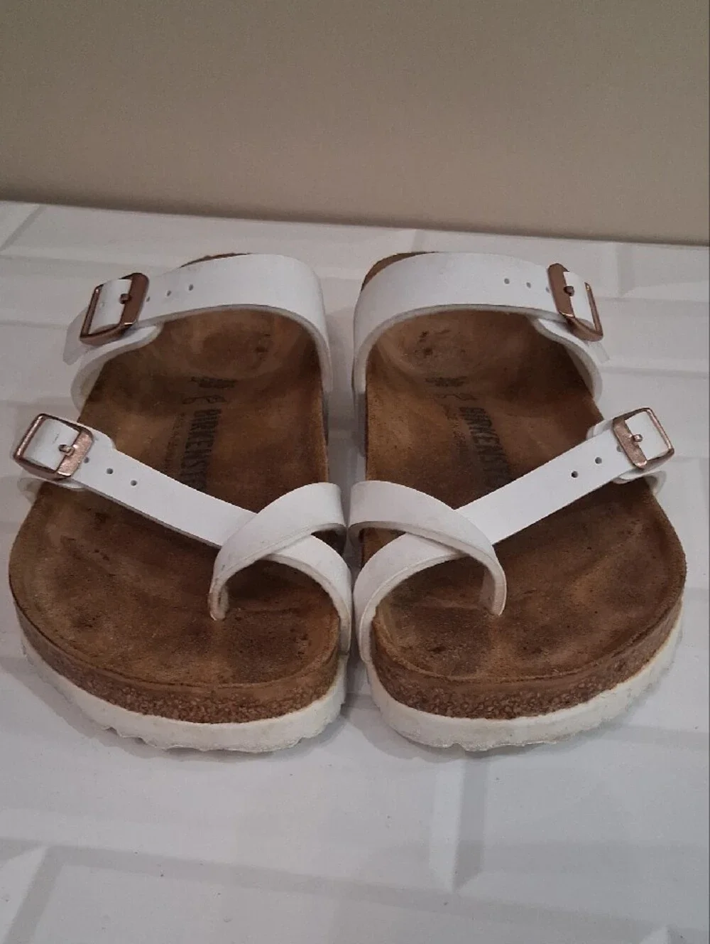 Birkenstock Mayari Women’s White Two-Strap Sandals with Rose Gold Buckles - Picture 11 of 11
